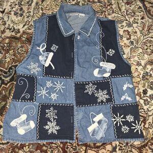 Denim Patchwork Vest with White Embroidery